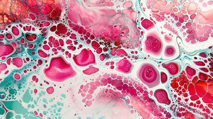 Fototapeta premium A close-up of a painting with many pink and blue bubbles at the base