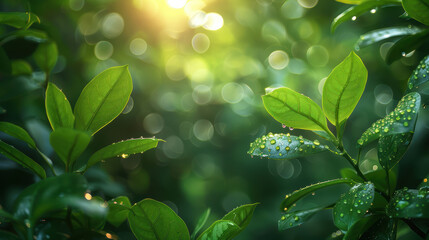 Raindrops on green leaves. The leaves are in focus, and the background is blurred. The raindrops are glistening in the sunlight.