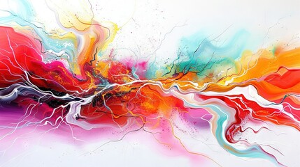   An abstract artwork featuring red, orange, blue, and white hues on a pristine white canvas, adorned with brushstrokes