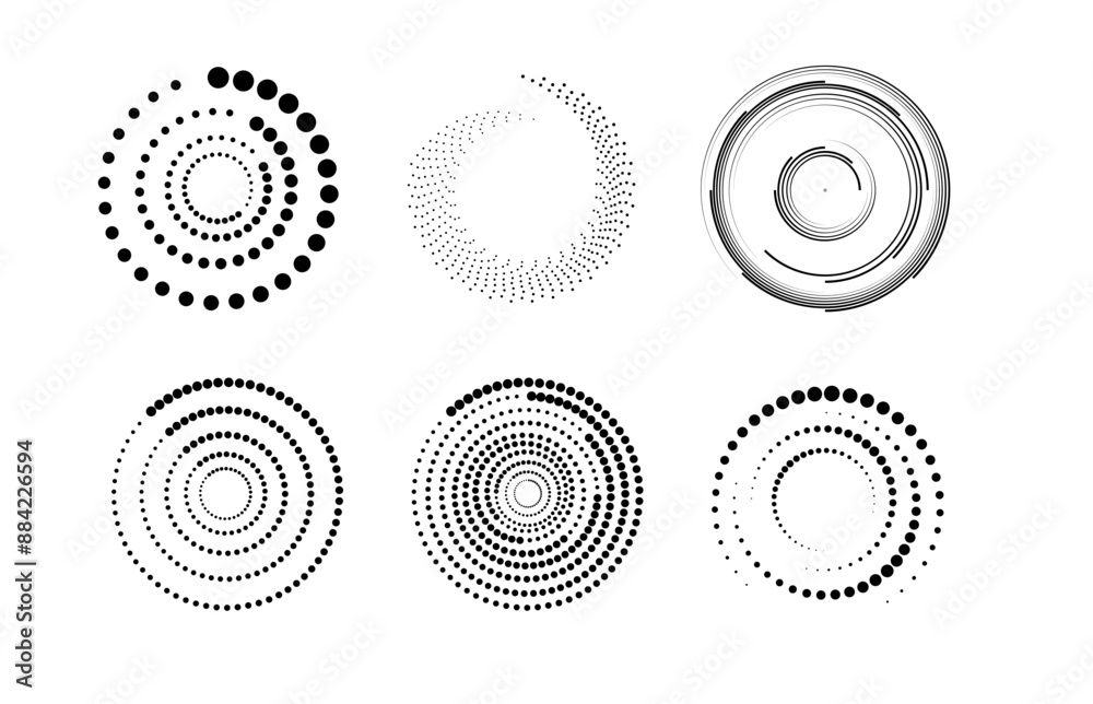 Wall mural halftone circular dotted frames set. set of black thick halftone dotted speed lines. speed lines in 
