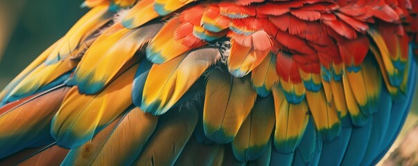 Fototapeta premium A close up of a bird's colorful feathers, with a mix of red, blue.