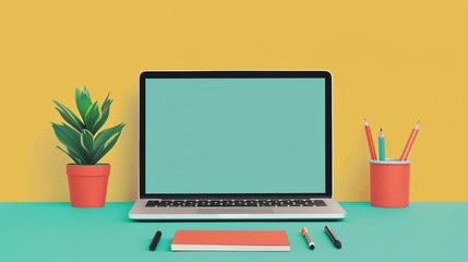 Minimalist design with essential marketing equipment around a laptop screen, focusing on online advertising