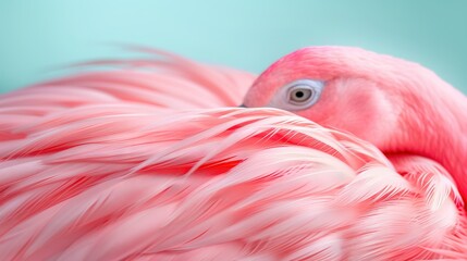   A close-up of a pink flamingo with its head turned to the side and wide-open eyes