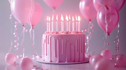   A pink birthday cake with lit candles, surrounded by pink balloons and streamers