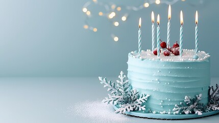   Blue, frosted birthday cake with strawberries, snowflakes, and Christmas lights