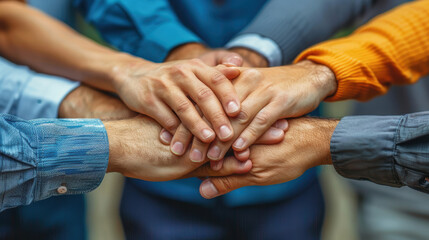 A group of people of different ethnicities joining their hands together.