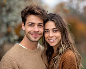 Fototapeta premium Couple's Romantic Portrait with Lively Expressions, Capturing the Joy and Love in Their Relationship, Perfect for Engagement, Wedding, or Anniversary Photos