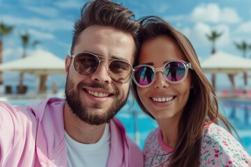 Couple Selfie by the Pool, Sunglasses, Summer Fun, Funny Gesture, Photo-Worthy Moment, Beach Vacation, Travel, Love, Romance, Adventure, Holiday, Happy, Joy, Smiles, Laughter, Couple Goals