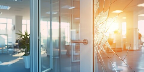 Damaged transparent glass door in a modern office with glass walls