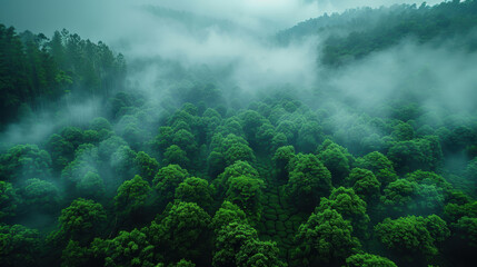 A lush green forest is shrouded in mist. The trees are tall and straight, and the leaves are a deep green.