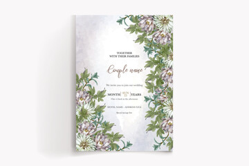 WEDDING INVITATION FRAME WITH FLOWER DECORATIONS AND FRESH LEAVES