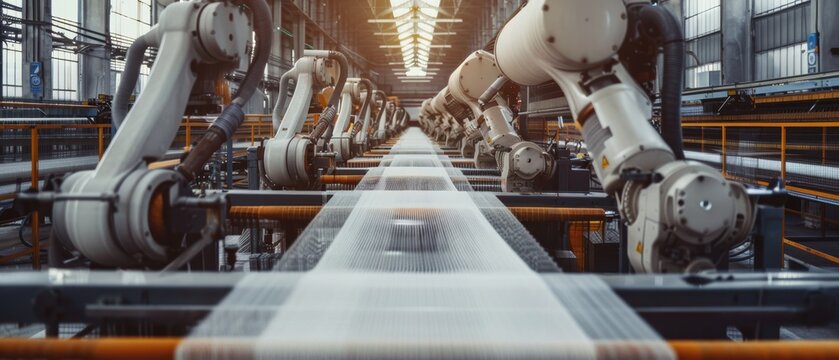 A row of robotic arms efficiently handling textile materials in a modern automated manufacturing environment.