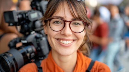 Smiling Woman in Front of Camera, Candid Photography, Happy Photographer, Professional Videographer, Film Crew, Behind the Scenes, Filmmaking, Camera Operator, Production Team, Photo Shoot, Film