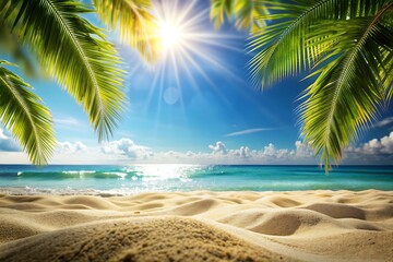 Tropical Beach with Palm Tree Leaves and Bright Sunlight.