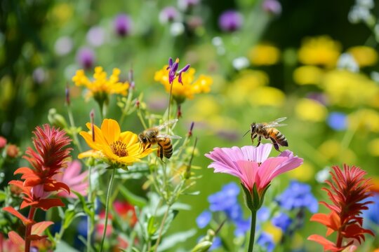 Nectar-sipping Bees on flowers field. Summer nature. Generate Ai