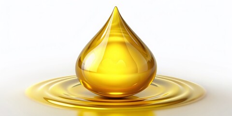 Vibrant yellow drop of fuel or oil isolated on a pristine white background, 3D rendered with stunning lighting and contours to highlight its reflective surface.