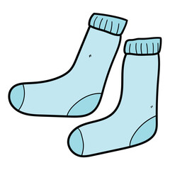 Hand drawn cartoon pair of blue warm socks on white background.
