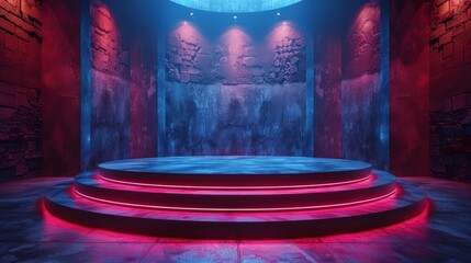 A glowing stage with a blue and purple background.
