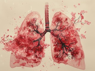 Abstract illustration of human lungs with blooming trees, representing healthy breathing and nature's beauty.
