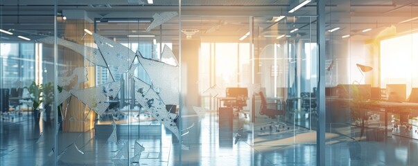 Damaged transparent glass door in a modern office with glass walls
