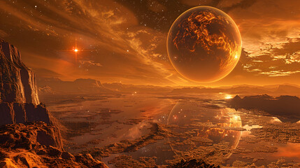  A solar planet with a spectacular view of a red dwarf star, casting a warm glow over the landscape 