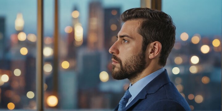 man suit looking out window cityscape He appears
