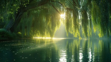 A large weeping willow tree hangs its branches over a still pond, creating a beautiful and peaceful scene. 