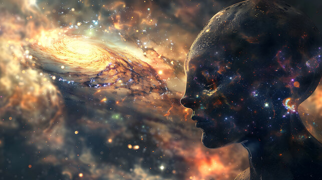 A landscape where the space and galaxy spread out with the profile of an alien