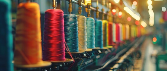 Rows of vibrant yarn spools in various colors aligned in a textile factory, ready for the manufacturing process.