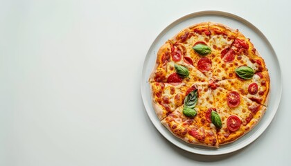 Delicious cheesy pizza with pepperoni tomatoes and basil leaves on a white plate