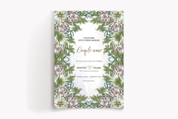 WEDDING INVITATION FRAME WITH FLOWER DECORATIONS AND FRESH LEAVES