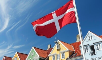 photo of danish flag flying in front of colorful houses with blue sky background, close-up shot