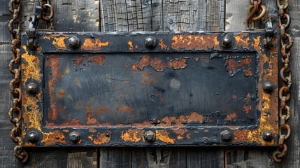 Weathered metal sign with rivets and chains.