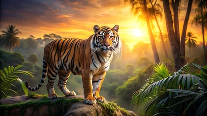 Majestic Tiger in a Jungle Sunset.