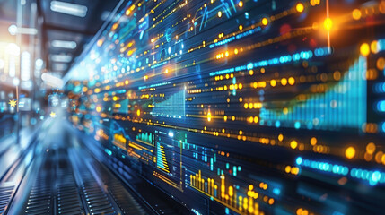 Rows of server racks with bright lights in a data center.