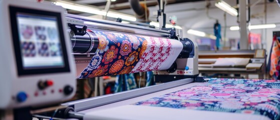 Close-up of a fabric roll being printed with intricate patterns, with a focus on the precise machinery and fabric detail.