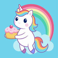 Adorable cartoon unicorn with cupcake in front of colorful rainbow