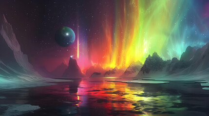  A solar planet with a stunning view of a nearby quasar, creating a colorful and mesmerizing sky 