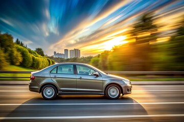 Car driving on highway at sunset.