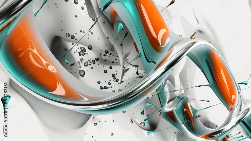 Poster A visually captivating image featuring abstract swirling patterns in orange and teal tones, combining liquid and metallic textures against a clean white backdrop.