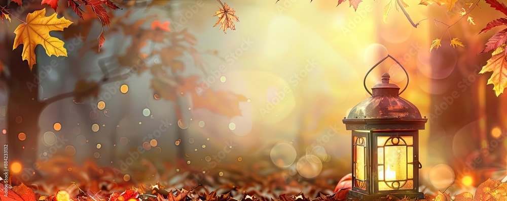 Poster beautiful autumn scene in the forest with a glowing lantern and colorful fall leaves, creating a war