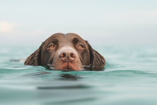 Brown Labrador Retriever dog is swimming in the water, minimalistic picture with copyspace