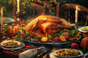 Festive Thanksgiving dinner table with a beautifully roasted turkey, delicious side dishes, candles, and autumn decorations.