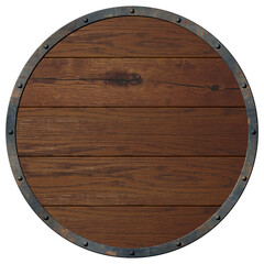 rundes Holzschild mit Metallbeschlägen