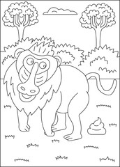Baboon funny pooping animal coloring book page