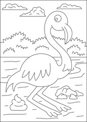 flamingo funny pooping animal coloring book page