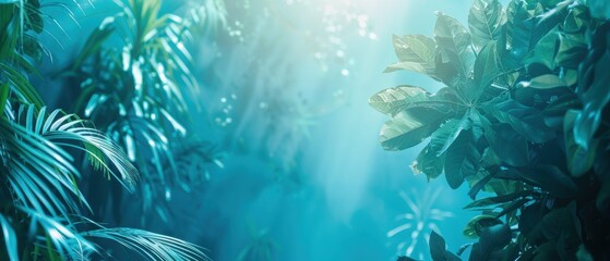 Fototapeta premium Dense green foliage highlighted against a soft blue sky background evoking a peaceful natural setting.