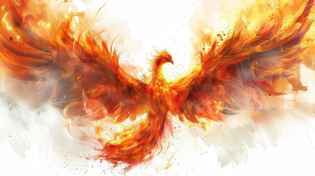 A phoenix rising from the ashes, its fiery wings spread wide, in white background