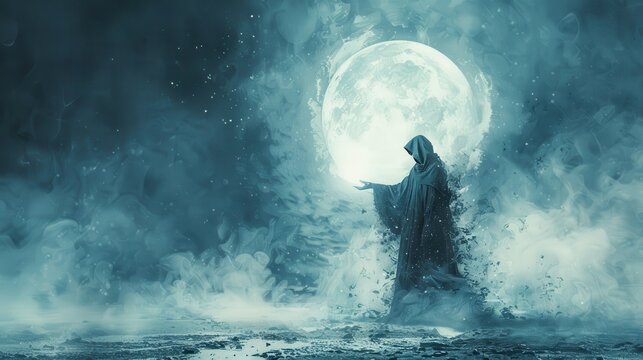A wizard casting a spell under the light of a full moon, in white background