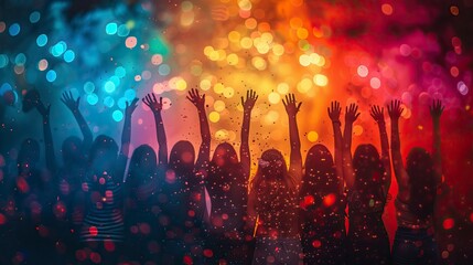 A group of people are celebrating success with a party concept against a colorful background 